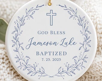 Personalized Boy Baptism Ornament, Custom Baby Christening Gift, Religious Holiday Decor, First Christmas Newborn Keepsake, Blue God Bless