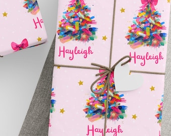 Pink Christmas Tree Gift Wrap Paper Personalized, Preppy Christmas Wrapping Paper for Girls, Cute Custom Name Holiday Coquette Bow Gift Wrap