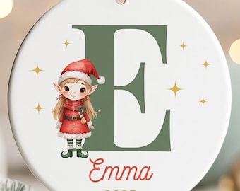 Personalized Elf Christmas Ornament for Girl, Custom Initial Ornament, Kids Holiday Gift, Cute Elf Name Ornament, Baby Girl Christmas 2025