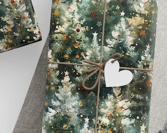 Magical Christmas Tree Wrapping Paper, Pine Tree Forest Gift Wrap, Green Gold Holiday Paper, Winter Christmas Gift Wrap Elegant, Nature Xmas