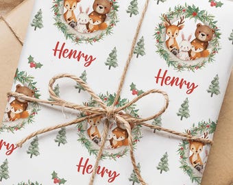 Personalized Woodland Christmas Gift Wrap, Custom Name Wrapping Paper for Kids, Forest Animal Theme Fox Bear Bunny Deer, Boys Holiday Gift