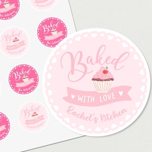 Personalized Baked with Love Stickers, Custom Valentine&#39;s Day Favors, Cute Pastel Pink Cupcake Labels, Homemade Galentine Kitchen with Name