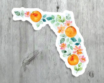 Florida Map Sticker, Vibrant Sunshine State Vinyl Decal, Watercolor Floral Florida State Gift, Orange Blossoms FL Art Water Bottle Sticker