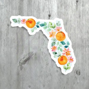 Florida Map Sticker, Vibrant Sunshine State Vinyl Decal, Watercolor Floral Florida State Gift, Orange Blossoms FL Art Water Bottle Sticker