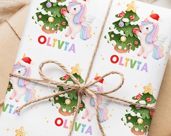 Christmas Unicorn Gift Wrap Paper for Girls, Personalized Christmas Wrapping Paper, Custom Name Holiday Gift, Cute Colorful Santa Hat Kids