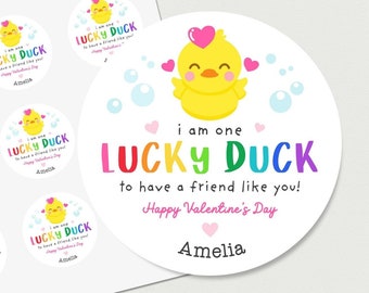 Rubber Duck Valentine Stickers Personalized, I'm One Lucky Duck Friend Valentine's Day Treat Bag Labels, Kids Class Gifts, Non-Candy Vday