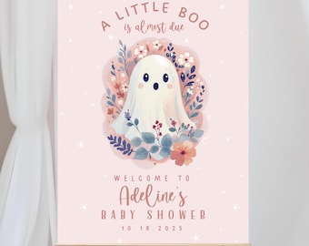 Halloween Baby Shower Sign PRINTABLE, Custom Name Digital Pink Floral Ghost Welcome Poster, Personalized Little Boo Almost Due, Baby Girl