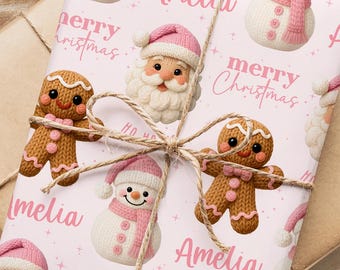 Personalized Pink Christmas Wrapping Paper for Kids, Cute Santa Snowman Gingerbread, Faux Yarn Holiday Gift Wrap, Girls Custom Name Xmas