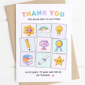 Biglietto di ringraziamento per l'insegnante STAMPABILE, simpatico regalo di ringraziamento per l'insegnante, biglietto di auguri digitale fai da te con colori pastello arcobaleno, laurea prescolare, stella fortunata