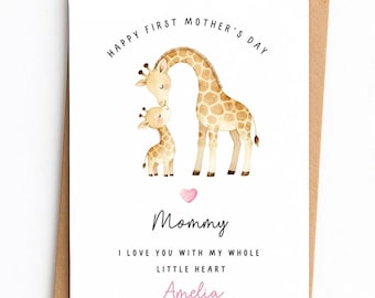 Personalized First Mother’s Day Card from Baby, Watercolor Giraffe Card for Mom, Boy or Girl Custom New Mom Gift Keepsake, Love You Mommy