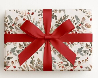 Neutral Christmas Wrapping Paper, Vintage Foliage and Berries Pattern, Rustic Holiday Gift Wrap, Muted Red Green Classic Minimalist Xmas