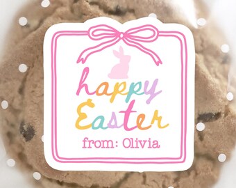 Stickers noeuds personnalisés avec griffonnage de Pâques, étiquettes de Pâques coquettes pour sacs à friandises, étiquettes roses pour cadeaux d'école girly, jolis cadeaux de lapin avec nom personnalisé