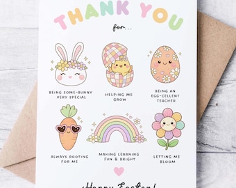PRINTABLE Teacher Card for Easter, Cute Spring Thank You Teacher Note, Hoppy Easter Teaching Puns Digital Greeting Card DIY, Bunny Egg Daisy