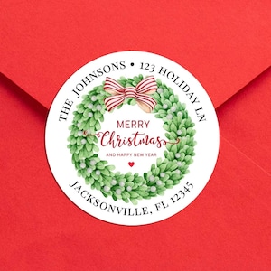 Christmas Return Address Labels, Custom Christmas Wreath Round Stickers, Personalized Merry Christmas Envelope Seals, Vintage Watercolor