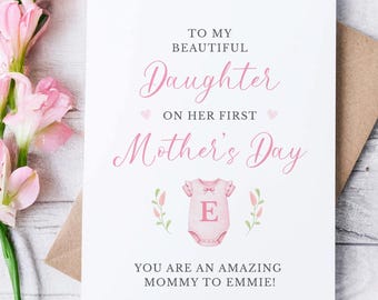 First Mother’s Day Card for Daughter, Custom Baby Name, Personalized Pink Blue New Mom Gift, Initial Keepsake Card, Watercolor Floral