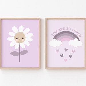 Purple Daisy Nursery Wall Art, Lavender Flower Hearts Girls Room, Pastel Rainbow Decor, You Are So Loved, Digital Floral Scandi PRINTABLE