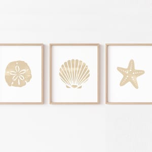 Neutral Coastal Wall Art PRINTABLE, Beige Watercolor Seashell Girls Nursery, Starfish Sand Dollar Decor, Digital Boho Minimalist Beach Set