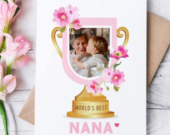 Custom Photo Mother’s Day Card for Grandma, Personalized World’s Best Mimi, Trophy Card for Nana, Pink Watercolor Floral Mother’s Day Card