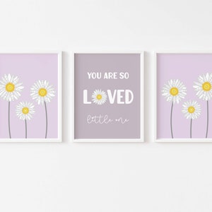 Daisy Nursery Print Set of 3, You Are So Loved Modern Daisy Decor, Pastel Purple Flower Wall Art, Boho Daisy Scandi Kids Room PRINTABLE