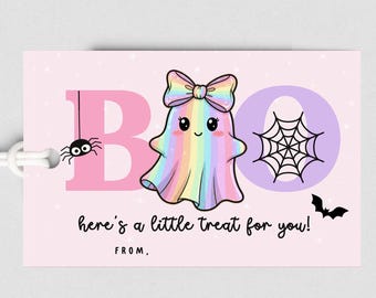 AFDRUKBARE Halloween-tags voor meisjes, schattige holografische Ghost Boo-tags, roze Halloween-feestgunsten, pastel Halloween Trick or Treat digitaal