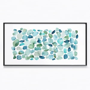Sea Glass Wall Art, Modern Coastal Art Print, Blue Green Beach House Decor, Ocean Abstract Watercolor Pebbles Painting, Nautical Seaside Art