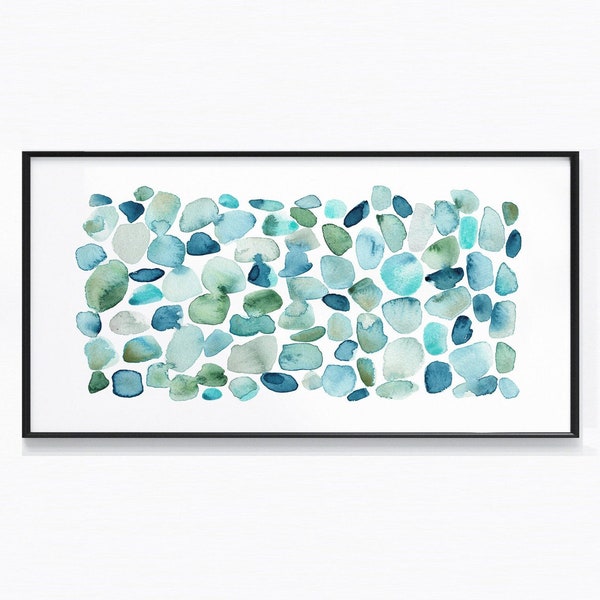 Sea Glass Wall Art, Modern Coastal Art Print, Blue Green Beach House Decor, Ocean Abstract Watercolor Pebbles Painting, Nautical Seaside Art