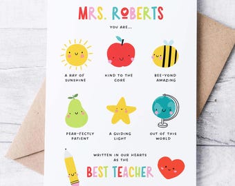 Personalized Teacher Appreciation Card, Cute Thank You Teacher End of School Year Gift, Custom Best Teacher Pun Bee Star Sun Apple Keepsake