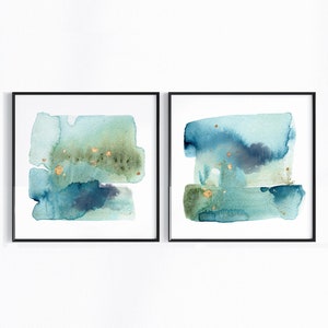 Abstract Landscape Wall Art, Gold Indigo Beach Home Decor, Navy Blue Sage Watercolor Abstract Print Set of 2, Neutral Coastal Painting Pair