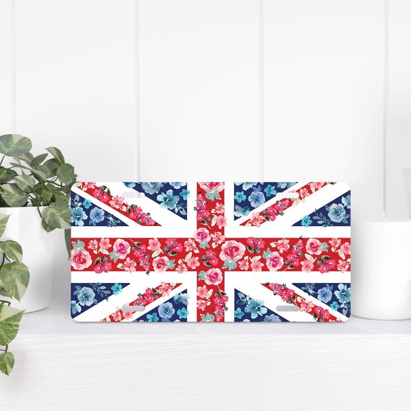 UK Flag License Plate, British Custom Car Tag, Floral Union Jack Vanity Plate, Vibrant Watercolor Flowers, Royal Anglophile Souvenir Gift