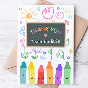 Carte de remerciements à imprimer pour les enseignants, jolie note de remerciement pour le meilleur professeur, fin d'année préscolaire maternelle, crayon arc-en-ciel soleil doodle bricolage numérique