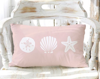 Beach Pillow for Girl Nursery, Pink Ocean Nursery Decor, Blush Beach Baby Room Pillow, Minimalist Seashell Sand Dollar Starfish Chair Pillow