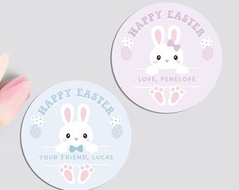 Personalized Easter Bunny Stickers, Pastel Easter Labels for Treat Bags, Girl Boy School Gift Tags, Cute Customized Name Favors for Kids