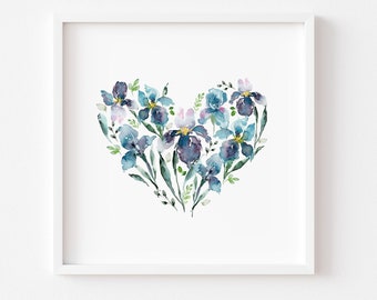 Impression aquarelle coeur Iris, mois de naissance février fleur coeur coeur art mural, peinture botanique lavande fleurs sauvages, décoration florale pour chambre de bébé