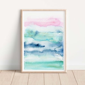 Ocean Abstract Art Print, Modern Watercolor Ocean Wave Painting, Sunset Abstract Coastal Wall Art, Blue Green Seascape Beach House Decor