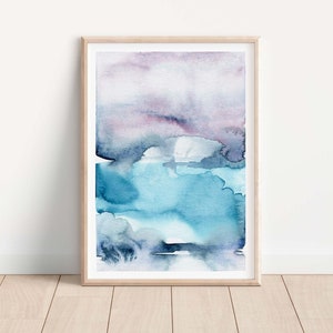 Purple Watercolor Abstract Art Print, Sunset Ocean Abstract Coastal Wall Art, Modern Minimalist Beach House Decor, Navy Blue Contemporary