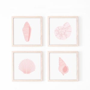 Blush Coastal Nursery Wall Art PRINTABLE, Pink Beach Girls Room Print Set of 4, Cute Coral Seashell Decor, Boho Ocean Child Digital Square
