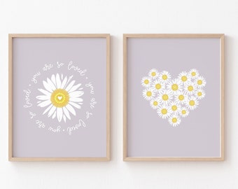 Purple Daisy Nursery PRINTABLE, You Are So Loved Daisy Decor, Pastel Flower Heart Wall Art, Digital Lavender Floral Scandi Kids Room Prints
