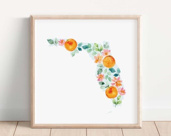 Florida Watercolor Art Print, Florida State Wall Art, Floral Watercolor Florida Map Print, Florida Housewarming Gift, Unique Florida Art