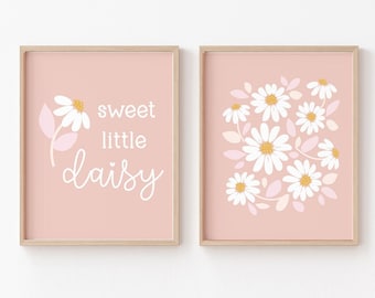 Boho Daisy Nursery Print Set, Neutral Modern Daisy Decor, Pastel Pink Flower Wall Art, Digital Minimalist Floral Scandi Kids Room PRINTABLE