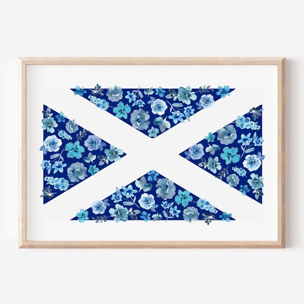 Scottish Flag Watercolor Print, Floral St Andrews Cross Wall Art, UK Patriotic Artwork, Scotland Gift Home Decor, Blue Flower Scotland Flag