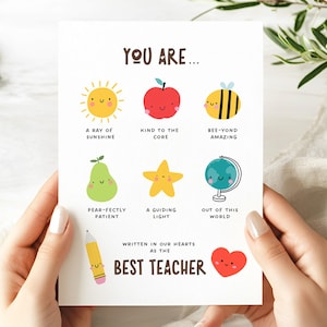 DRUCKBARE Lehrer Wertschätzung Karte, niedlich Danke Best Lehrer Note, Lehrer Wortspiel Stern Sonnen Biene, heller Regenbogen Digitale Grußkarte DIY