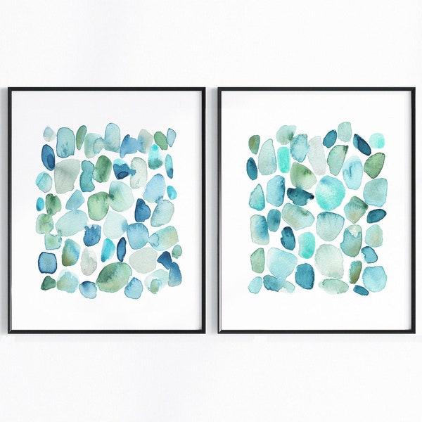 Blue Coastal Wall Art, Sea Glass Abstract Art Print Set, Indigo Green Beach House Decor, Turquoise Ocean Abstract Watercolor Stones Painting