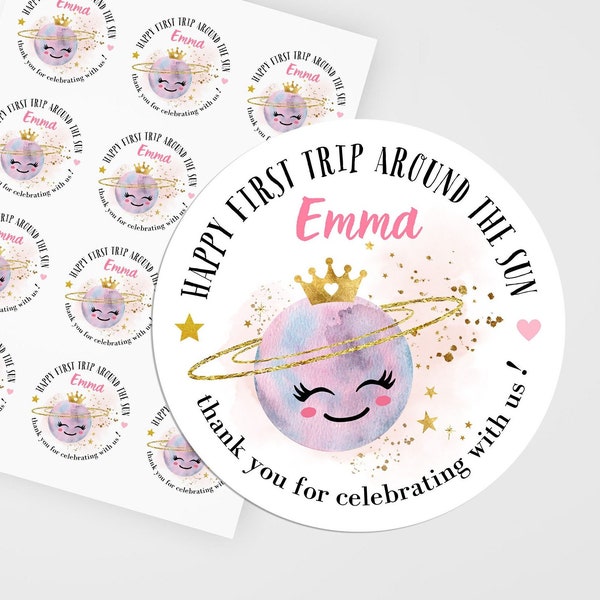 Outer Space Stickers with Name, Personalized Birthday Treat Bag Labels, Pastel Pink Gold Galaxy Girl Party Favors, Out of This World Planet