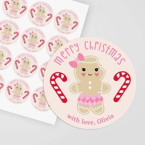 Merry Christmas Stickers with Name, Personalized Christmas Treat Bag Stickers, Pastel Pink Gingerbread Kids School Favors, Candy Cane Labels