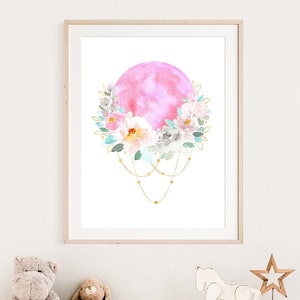 Pink Moon Nursery Art, Floral Moon Print, Watercolor Flower Moon Wall Decor, Boho Girl Nursery Print, Blush Pink Gold Lunar Wall Art