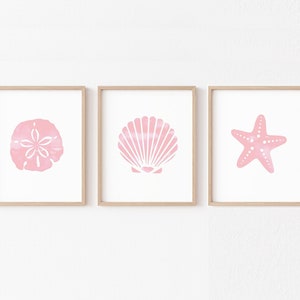 Pink Coastal Nursery PRINTABLE, Blush Watercolor Seashell Girls Wall Art, Starfish Sand Dollar Kids Decor, Digital Boho Minimalist Beach Set
