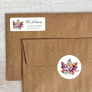 Fall Leaf Return Address Labels, Watercolor Floral Pumpkin Envelope Seals, Vibrant Matching Thanksgiving Favor Labels, Round Turkey Sticker