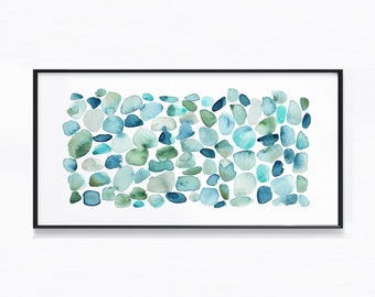 Sea Glass Wall Art, Modern Coastal Art Print, Blue Green Beach House Decor, Ocean Abstract Watercolor Pebbles Painting, Nautical Seaside Art