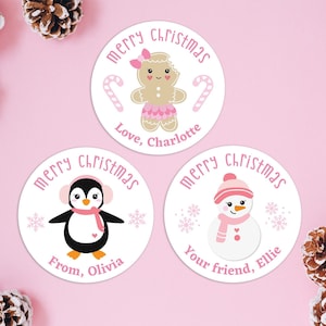 Personalized Christmas Stickers for Girls, Custom Pink Merry Christmas Labels with Name, Cute Gingerbread Girl Penguin Snowman, Gift Wrap