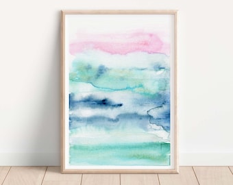 Ocean Abstract Art Print, Modern Watercolor Ocean Wave Painting, Sunset Abstract Coastal Wall Art, Blue Green Seascape Beach House Decor